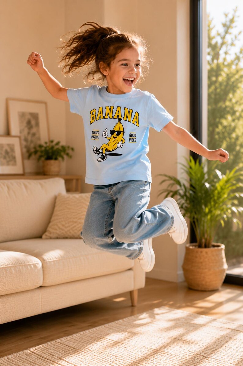K&ouml;nnte beinhalten: Ein hellblaues kurz&auml;rmeliges T-Shirt mit einer Grafik einer Cartoon-Banane, die eine Sonnenbrille und Turnschuhe tr&auml;gt. Der Text BANANA ist in Gelb &uuml;ber der Figur gedruckt, mit den Worten ALWAYS POSITIVE und GOOD VIBES an den Seiten.