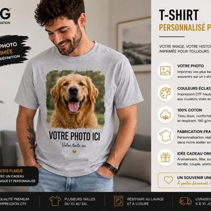 Może przedstawiać: Jasnoszary t-shirt z kr&oacute;tkim rękawem i okrągłym dekoltem, z kwadratowym nadrukiem przedstawiającym psa rasy golden retriever na klatce piersiowej. Pod zdjęciem znajduje się napis VOTRE PHOTO ICI oraz Votre texte ici z małą złotą ikoną serca.