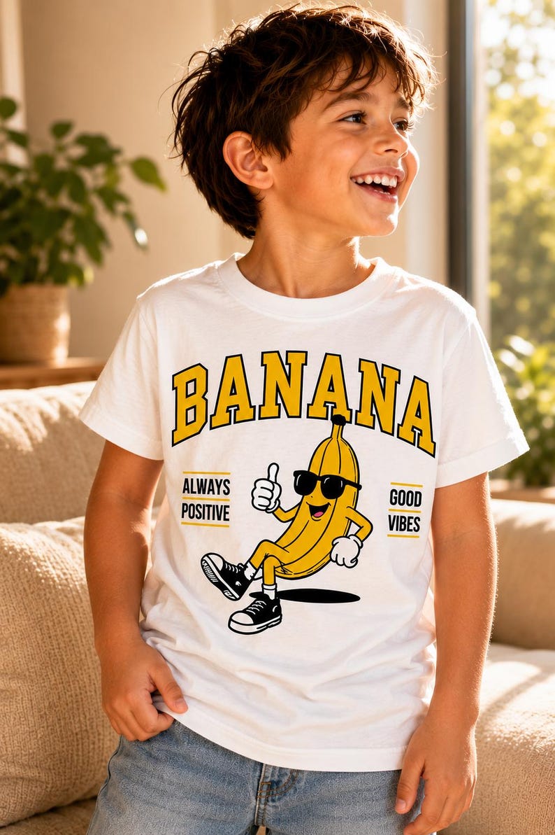 K&ouml;nnte beinhalten: Ein wei&szlig;es kurz&auml;rmeliges T-Shirt mit einer Grafik einer gelben Banane, die eine schwarze Sonnenbrille und schwarze Turnschuhe tr&auml;gt. Die Banane zeigt einen Daumen nach oben. Der Text BANANA steht in gro&szlig;en gelben Buchstaben dar&uuml;ber, mit ALWAYS POSITIVE GOOD VIBES.