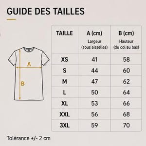 Puede incluir: Una tabla de gu&iacute;a de tallas para una camiseta que muestra un dibujo lineal de una camiseta con las medidas A para el ancho y B para el alto. La tabla enumera las tallas de XS a 3XL con medidas m&eacute;tricas en cent&iacute;metros y una tolerancia de +/- 2 cm.