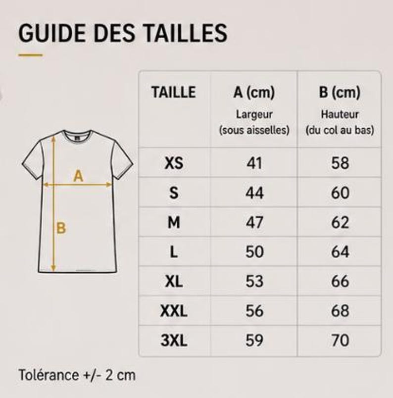 Puede incluir: Una tabla de gu&iacute;a de tallas para una camiseta que muestra un dibujo lineal de una camiseta con las medidas A para el ancho y B para el alto. La tabla enumera las tallas de XS a 3XL con medidas m&eacute;tricas en cent&iacute;metros y una tolerancia de +/- 2 cm.