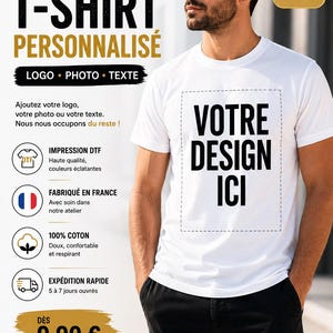 May include: A white short-sleeved t-shirt featuring the black text VOTRE DESIGN ICI centered on the chest. The shirt is worn by a person with dark hair and sunglasses. The image includes promotional text in French regarding custom printing services.