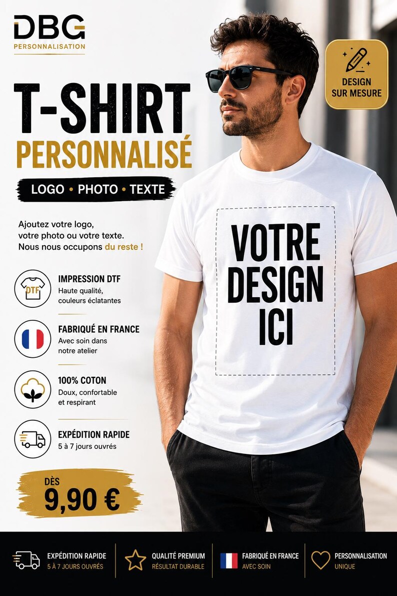 May include: A white short-sleeved t-shirt featuring the black text VOTRE DESIGN ICI centered on the chest. The shirt is worn by a person with dark hair and sunglasses. The image includes promotional text in French regarding custom printing services.