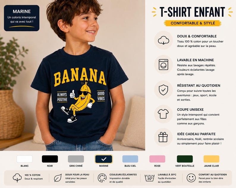 K&ouml;nnte beinhalten: Ein dunkelblaues Kurzarm-T-Shirt mit einer gelben Grafik einer Banane, die eine Sonnenbrille und Turnschuhe tr&auml;gt, sowie dem Text BANANA, ALWAYS POSITIVE und GOOD VIBES. Das T-Shirt besteht aus 100% Baumwolle und ist maschinenwaschbar.