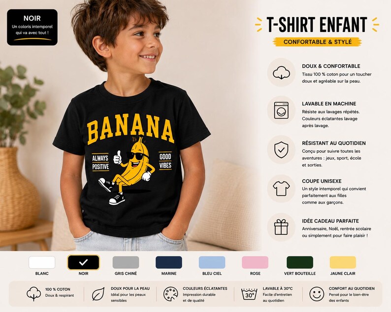 K&ouml;nnte beinhalten: Ein schwarzes T-Shirt mit kurzen &Auml;rmeln und einer gelben Cartoon-Bananenfigur, die eine Sonnenbrille und Turnschuhe tr&auml;gt. Der Text BANANA ist in gro&szlig;en gelben Buchstaben &uuml;ber der Figur gedruckt, mit ALWAYS POSITIVE und GOOD VIBES an den Seiten.