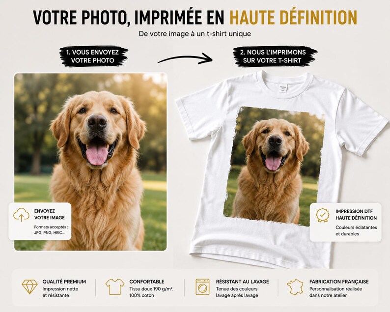Może przedstawiać: Biały t-shirt z nadrukowanym zdjęciem w wysokiej rozdzielczości przedstawiającym psa rasy golden retriever. Obraz pokazuje proces przesyłania zdjęcia do nadruku na odzieży, wraz z francuskim tekstem opisującym usługę drukowania.