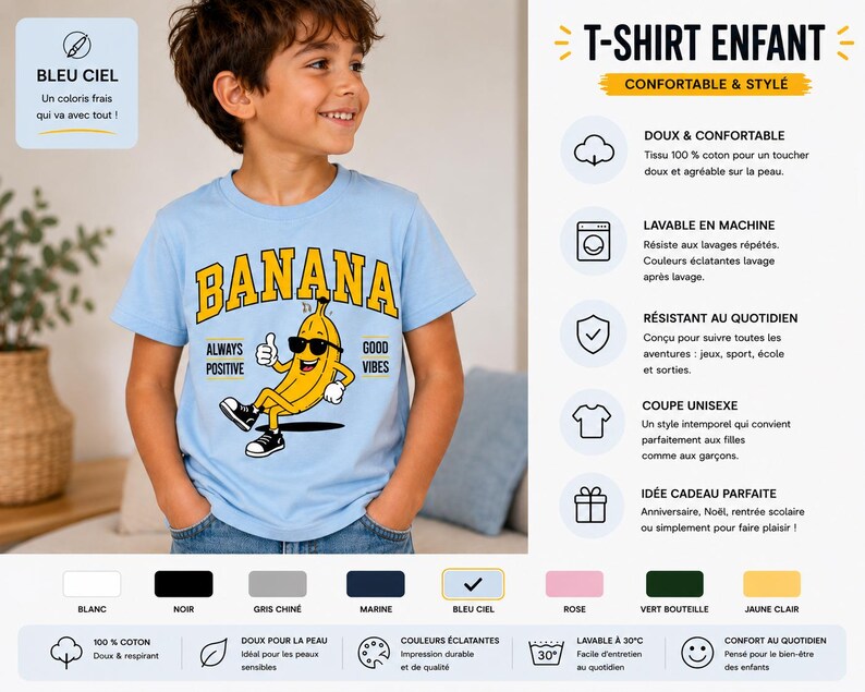 Lustiges Bananen-T-Shirt für Kinder – Geschenk für Mädchen und Jungen – Premium-Baumwolle – Geburtstag Bleu ciel