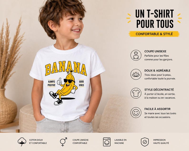 K&ouml;nnte beinhalten: Ein wei&szlig;es T-Shirt mit kurzen &Auml;rmeln und einer Grafik einer gelben Bananenfigur mit schwarzer Sonnenbrille und Turnschuhen, die den Daumen hochh&auml;lt. Der Text BANANA steht in Gelb dar&uuml;ber, erg&auml;nzt durch ALWAYS POSITIVE und GOOD VIBES.