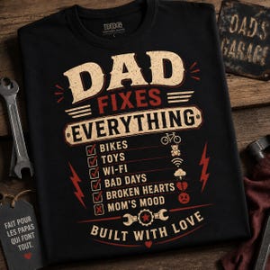 May include: A black t-shirt featuring a graphic print with the text DAD FIXES EVERYTHING and a checklist of items including bikes, toys, wi-fi, bad days, broken hearts, and mom's mood, finished with the phrase BUILT WITH LOVE in red and beige.