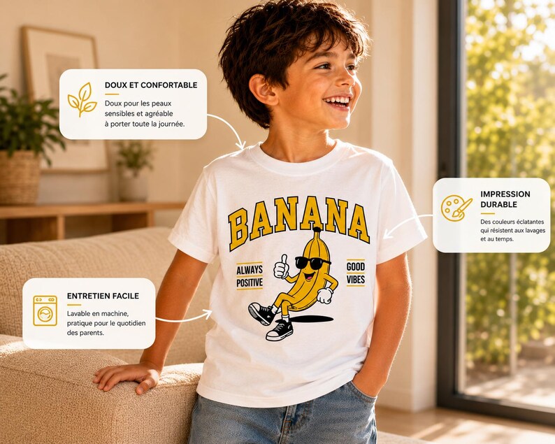 K&ouml;nnte beinhalten: Ein wei&szlig;es Kurzarm-T-Shirt mit einer Grafik einer gelben Bananenfigur, die eine Sonnenbrille und Turnschuhe tr&auml;gt und den Daumen hochh&auml;lt. Der Text BANANA steht in Gelb dar&uuml;ber, mit ALWAYS POSITIVE und GOOD VIBES an den Seiten.