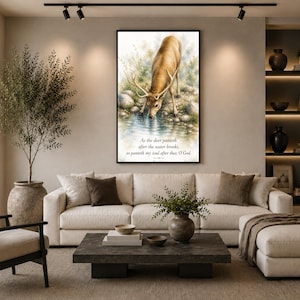 Psalm 42,1: Hirsch-Aquarelldruck | Christliche Wandkunst | Bibelvers-Poster „Wie der Hirsch pflückt“ | Neutrale Naturdekoration | Druckbarer Bibelvers