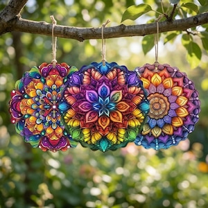 May include: Three colorful mandala ornaments hanging from a tree branch. Each ornament features a unique, intricate design with vibrant hues of red, orange, yellow, green, blue, and purple. They are suspended by twine, creating a decorative display.