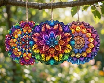 May include: Three colorful mandala ornaments hanging from a tree branch. Each ornament features a unique, intricate design with vibrant hues of red, orange, yellow, green, blue, and purple. They are suspended by twine, creating a decorative display.