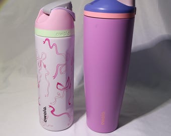 Owala Pink Hydration Duo: 24 oz FreeSip Pink Bow Bottle + 40 oz FreeSip Tumbler with Brown Handle, Double Wall Leak Proof 24H Cold