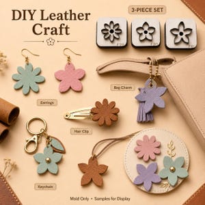 May include: A DIY leather craft set featuring three metal flower-shaped cutting molds labeled F79, F80, and F81. The image displays finished leather items including earrings, a hair clip, a bag charm, a keychain, and a circular leather piece.