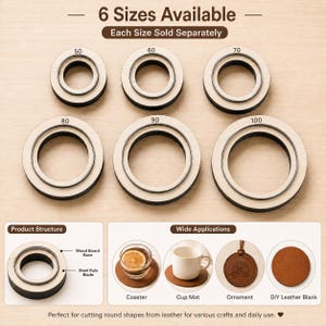 Può includere: Sei lame circolari in acciaio con base in legno nelle misure 50, 60, 70, 80, 90 e 100. L'immagine include etichette testuali sulla struttura del prodotto, le applicazioni e la disponibilità, mostrando esempi di sottobicchieri e dischi in pelle.