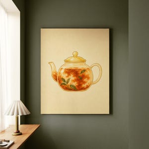 May include: A rectangular wall art print featuring a centered illustration of a clear glass teapot filled with amber-colored tea and green tea leaves. The teapot has a rounded body, a curved handle, a spout, and a lid, set against a solid cream background.
