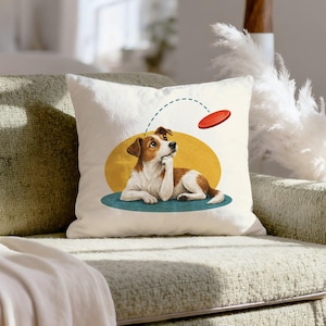 Cushion The Flying Disc Physicist – Funny Dog Art with a Midair Catch and Sharp Eyes – Pillow / Cover