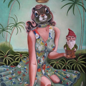 Tarjeta de felicitación y sobre de una sola ardilla: ardilla sofisticada chica tropical ardilla y gnomo pop surrealismo arte animal