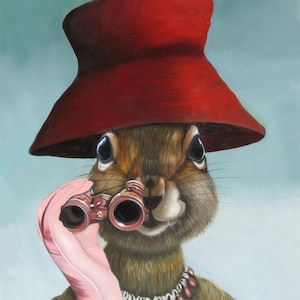 Cartes de vœux: Paquet de trois - Écureuil red hat avec lunettes d’opéra, gants roses. Pop Surréalisme. Art animalier.