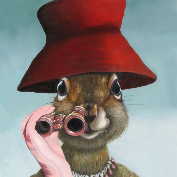 Greeting cards: Package of three - Red Hat Squirrel with Opera Glasses, Pink Gloves. Pop Surrealism. Animal Art.