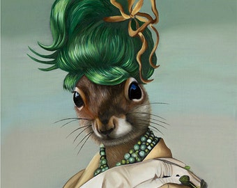 Greeting cards: Package of three - Green Bun Squirrel. Pop Surrealism Animal Art