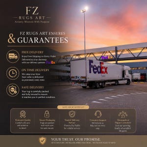 May include: An informational graphic for FZ RUGS ART featuring a FedEx semi-truck at sunset. The text outlines delivery guarantees, including free, on-time, and safe delivery, alongside reasons to shop such as premium quality and customer support.
