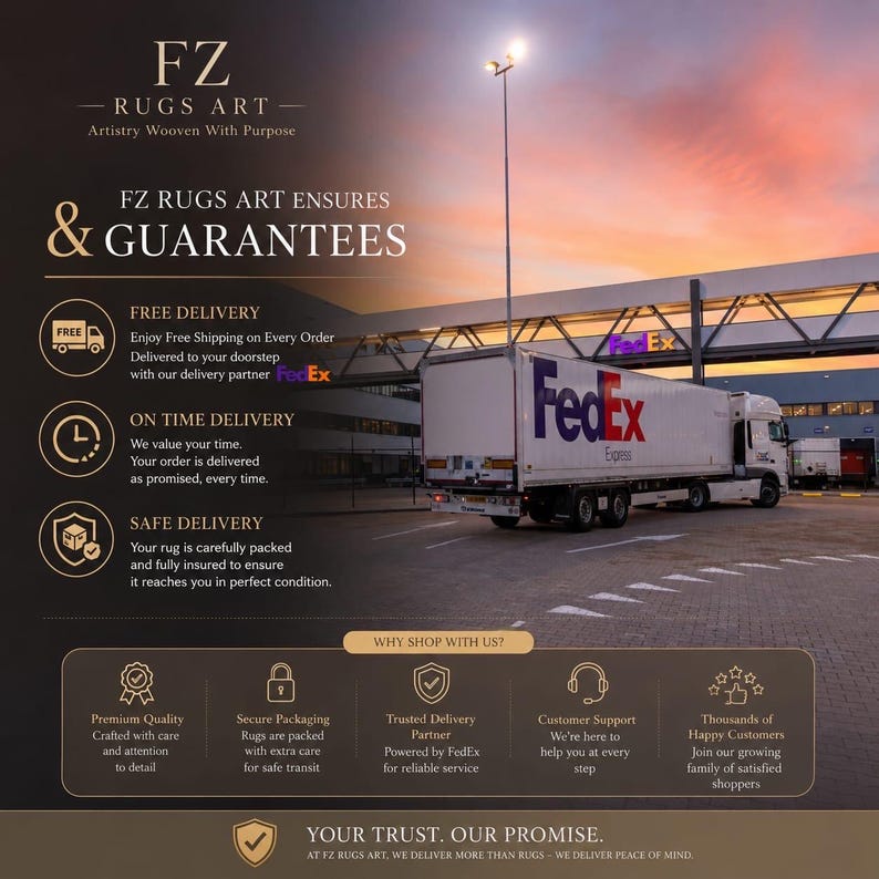 May include: An informational graphic for FZ RUGS ART featuring a FedEx semi-truck at sunset. The text outlines delivery guarantees, including free, on-time, and safe delivery, alongside reasons to shop such as premium quality and customer support.
