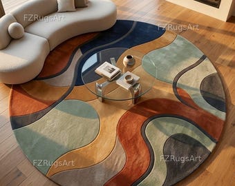 Modern Wool Rug • Round Area Rug • Tufted Wool Rug • Sage Green Rug • Organic Shape Rug • Colorful Mid Century Carpet