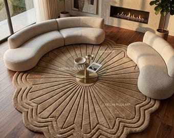 Scalloped Round Area Rug Hand Tufted Wool Beige Area Rug Floral Wool Rug – Luxury Modern Round Carpet for Living Room Bedroom Nursery
