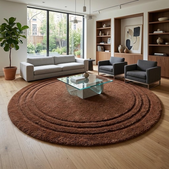 Round Brown Wool Rug • Solid Terracotta Circle Rug • Tufted Cozy Bedroom Rug • Minimalist Carved Border Rug • Custom Chocolate Brown Rug
