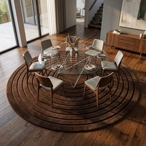 May include: A large circular brown area rug with concentric grooved rings, positioned under a round glass dining table with a star-shaped metal base. Six chairs with wooden frames and light-colored upholstered seats surround the table.