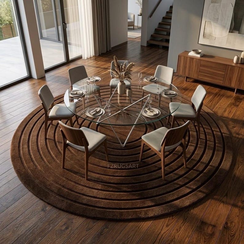 May include: A large circular brown area rug with concentric grooved rings, positioned under a round glass dining table with a star-shaped metal base. Six chairs with wooden frames and light-colored upholstered seats surround the table.