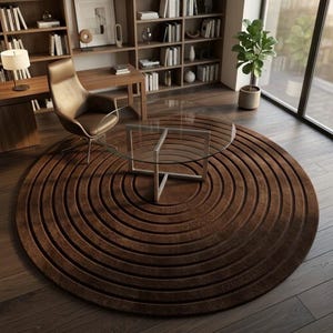 May include: A large, circular, dark brown rug featuring a concentric ring pattern with the text FZRUGSART embossed on the surface. The rug is positioned under a round glass-topped table with a silver metal base, resting on a dark wood floor.