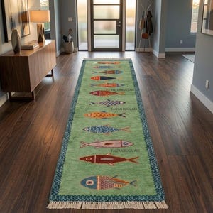 Hand Knotted Rug  Green Fish Runner Carpet    Traditional Entryway Rug Long Hallway Runner Colorful Wool Runner For Hallway Entryway Kitchen