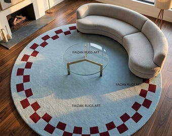Blue Round Area Rug Aesthetic Hand Tufted Rugs  Blue Burgundy Modern Area Rug Custom Round Rug for Living Room Bedroom Decor