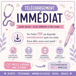 May include: A digital download graphic with the text "TÉLÉCHARGEMENT IMMÉDIAT" in purple. The image includes a stethoscope, a pen, and icons for PDF, printing, and mobile compatibility. The text emphasizes immediate access.