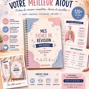 May include: A spiral-bound study guide titled MES FICHES DE RÉVISION INFIRMIER with a pastel pink and blue cover. The guide features medical diagrams, including a respiratory system chart and a medication memo table with text in French.