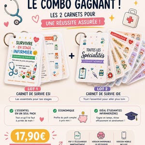 Peut inclure: Ensemble de deux carnets de survie pour étudiants en soins infirmiers, avec illustrations et texte. Les guides incluent des sujets tels que les doses, les spécialités et les essentiels de stage. Le texte comprend "LE COMBO GAGNANT!" et "LE PACK COMPLET".