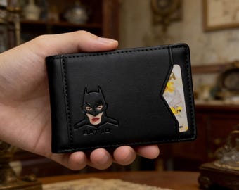 RFID Bat Wallet for Men, Slim Minimalist Front Pocket Card Holder, Hero Face Eyes Cutout Design, Superhero Gift for Men Husband Boyfriend