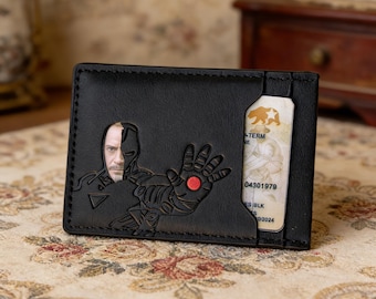 Iron ID Wallet for Men, Slim Minimalist Card Holder with Cutout Hero Face, Superhero Fan Pocket Wallet, Unique Gift for Husband Boyfriend
