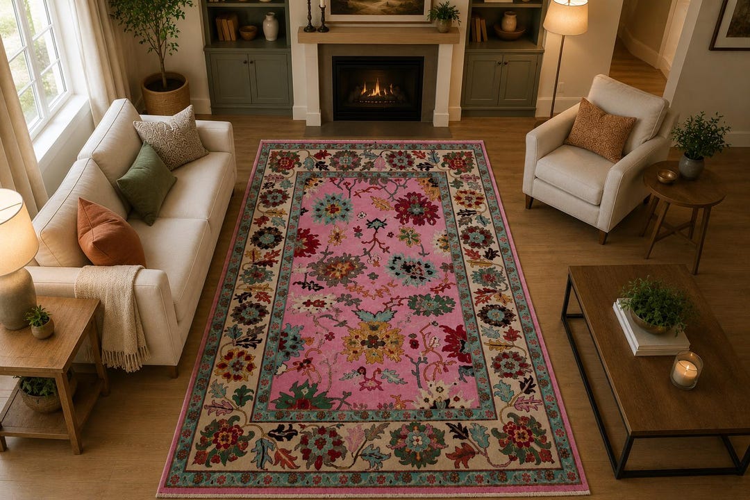 Hand Knotted Pink Floral Wool Rug | Vintage Botanical Living Room ...