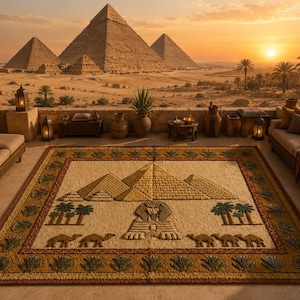 May include: A rectangular area rug featuring a central design of the Egyptian pyramids, the Great Sphinx, palm trees, and camels. The rug has a textured, multi-colored border with repeating plant motifs in shades of green, gold, and brown.