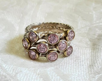 Vintage Sterling Silver Ring * Pink CZ * 3 Piece Stacking Design * Multiple Stones * Sparkling Jewelry * Size 7.25 / 7 1/4