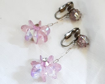 Pink Crystal Dangle Clip on Earrings * Vintage Costume Jewelry * Non Pierced Earrings * Single Rhinestone Accent * Sparkling Earrings