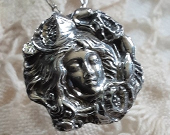 Vintage Art Nouveau Female / Woman Face * Artist * Estate Sterling Silver Pendant Necklace * Feminine Chain * Solid Pendant
