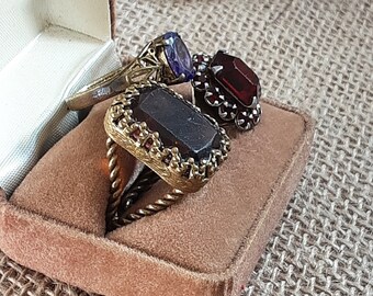 Vintage Costume Jewelry * Ring/Rings * 3 Included * Red * Yellow Amber and Purple * Instant Collection * 2 are Adjustable *