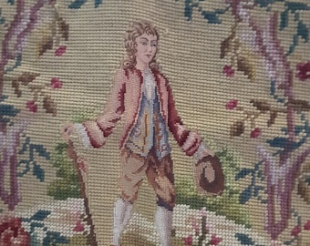 Antique Tea Stained Cream Needlepoint Chair Seat Cover * Floral & Young Man * Petit Point Floral Needlepoint Canvas Replacement Stool Cover
