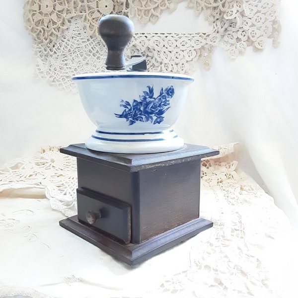 Vintage Blue and White Ceramic Coffee Grinder Wooden Base & Drawer * Manual Metal Hand Crank w/ Wood Knob Top * French Country Farmhouse