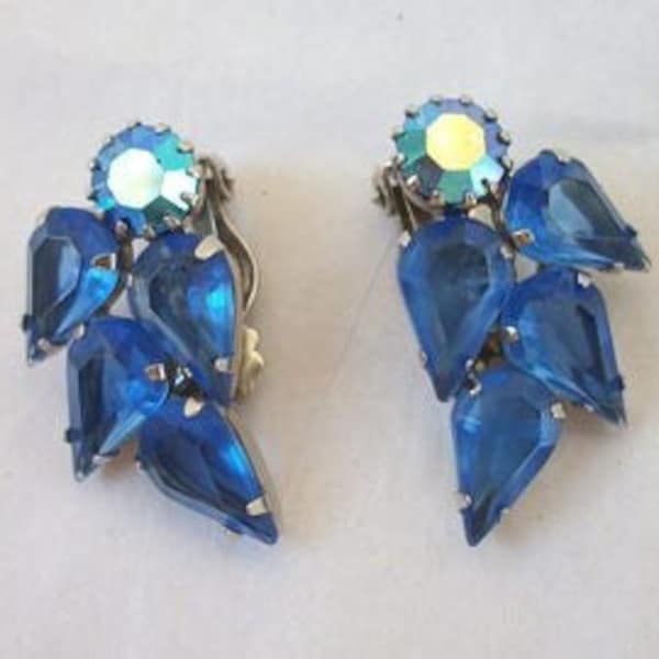 Vintage Weiss Earrings Blue and AB Rhinestones * Clip on / non pierced * Beautiful Sparkling * Costume Jewelry